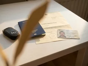Deutsches Ausweisdokument, Reisepass und Immatrikulationsbescheinigung auf weißem Schreibtisch mit Autoschlüssel im warmen Licht.