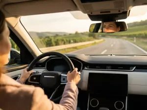 Erwachsener Fahrer in den 30ern am Steuer eines modernen Autos auf einer sonnigen deutschen Landstraße mit goldenen Nachmittagslicht.