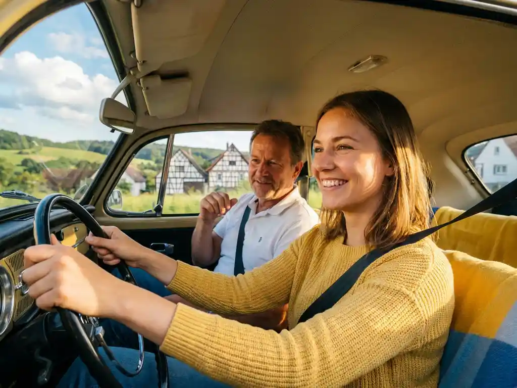 Junger Fahrer am Steuer mit strahlendem Lächeln, Fahrlehrer auf Beifahrersitz, sonnige deutsche Landschaft im Hintergrund.