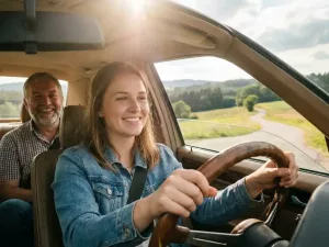 Junger Erwachsener am Steuer mit selbstbewusstem Lächeln, Fahrlehrer auf Beifahrersitz, grüne deutsche Landschaft im Hintergrund.