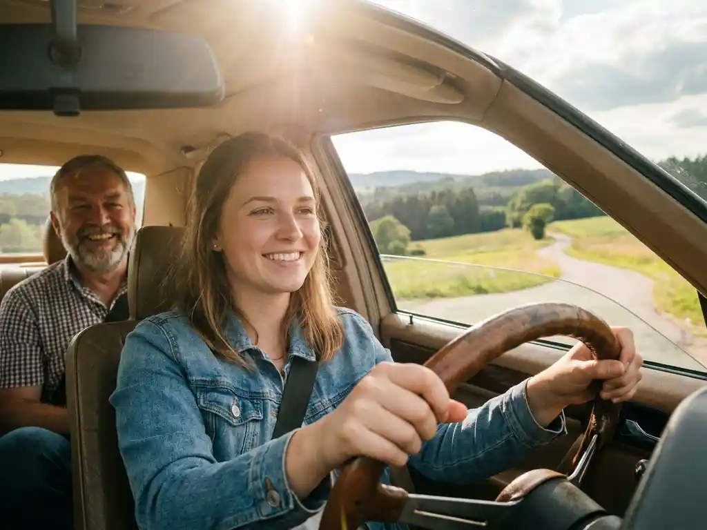 Junger Erwachsener am Steuer mit selbstbewusstem Lächeln, Fahrlehrer auf Beifahrersitz, grüne deutsche Landschaft im Hintergrund.