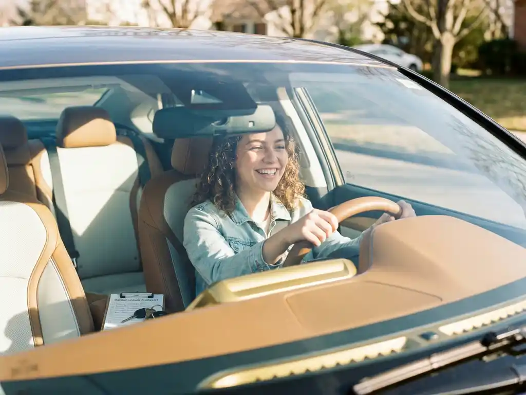 Junger Erwachsener am Steuer eines modernen Autos mit Fahrschul-Checkliste und Schlüsseln auf dem Armaturenbrett, warmes Morgenlicht.