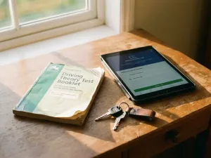 Vergiltertes Fahrtheorie-Heft aus den 2000ern neben modernem Tablet auf Holzschreibtisch, Autoschlüssel dazwischen, warmes Fensterlicht.