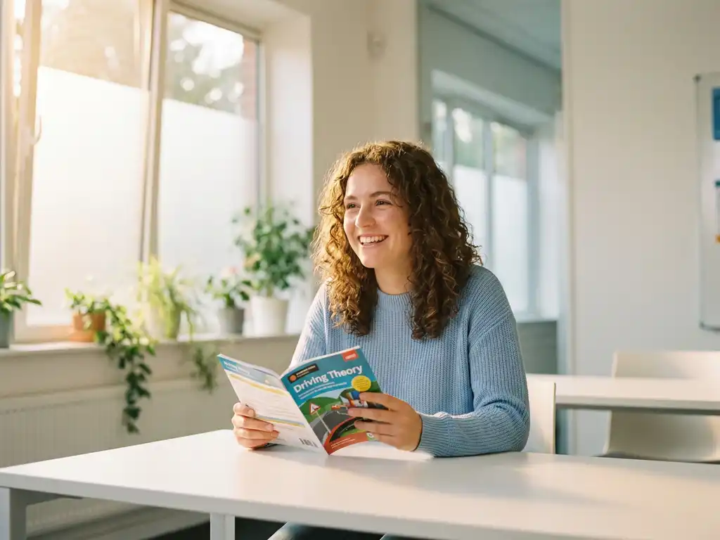 Junge Frau lächelt zuversichtlich beim Lernen für die Fahrtheorieprüfung an einem hellen Schreibtisch mit Sonnenlicht.