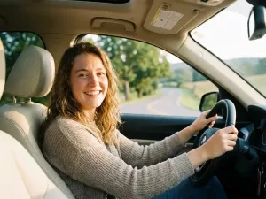 Junge Frau lächelt entspannt am Steuer eines modernen Autos auf sonniger deutscher Landstraße mit grünen Bäumen im Hintergrund.