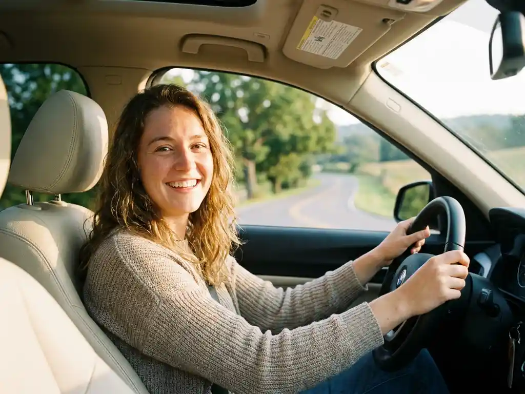 Junge Frau lächelt entspannt am Steuer eines modernen Autos auf sonniger deutscher Landstraße mit grünen Bäumen im Hintergrund.