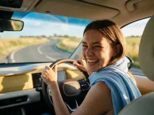 Lachende junge Frau am Steuer eines modernen Autos, goldenes Sonnenlicht fällt durch die Windschutzscheibe, offene Straße im Hintergrund.