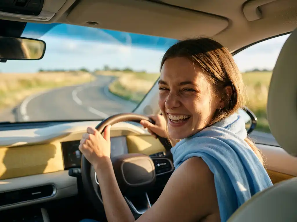 Lachende junge Frau am Steuer eines modernen Autos, goldenes Sonnenlicht fällt durch die Windschutzscheibe, offene Straße im Hintergrund.