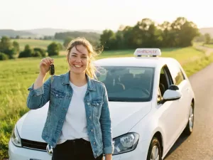 Junge Frau hält Autoschlüssel nach bestandener Führerscheinprüfung vor einem Fahrschulwagen auf sonniger Landstraße.