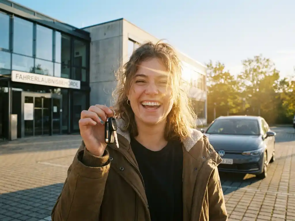 Junge Frau hält freudestrahlend Autoschlüssel vor einem modernen Straßenverkehrsamt, Sonnenlicht im Gesicht, Auto im Hintergrund.