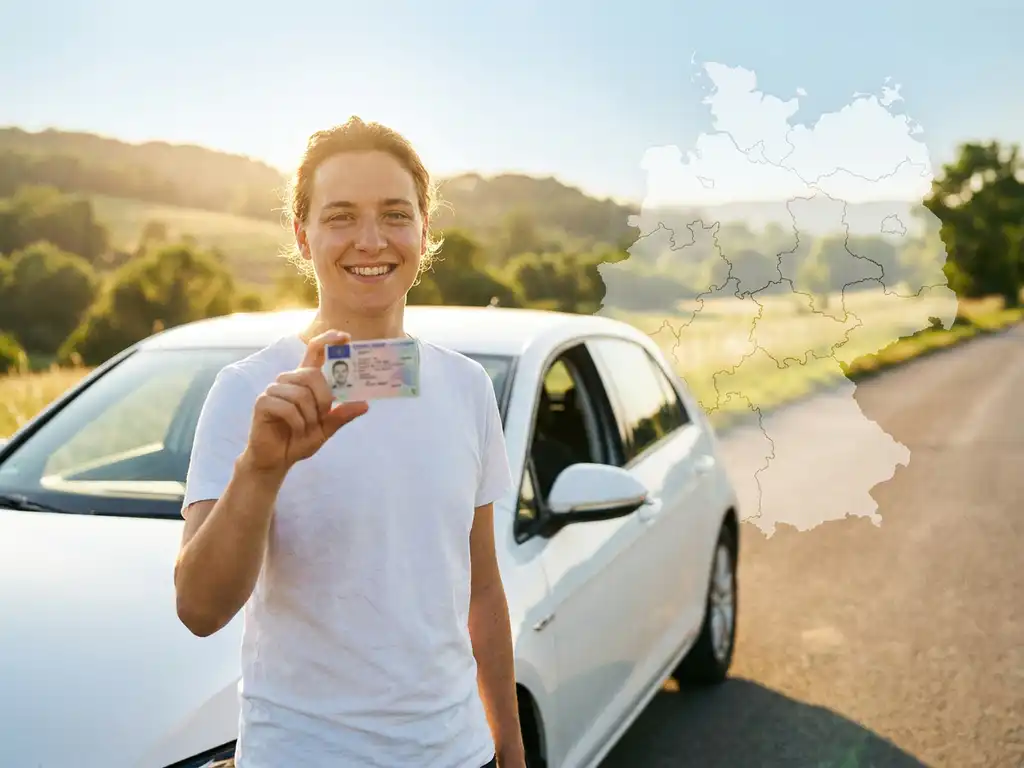 Lächelnde junge Person hält deutschen Führerschein neben modernem Auto auf sonniger Straße in Deutschland.