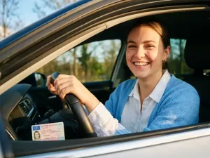 Junge Frau am Steuer eines modernen Autos mit deutschem Führerschein auf dem Armaturenbrett, Sonnenlicht durchflutet den Innenraum.