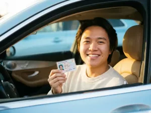 Lächelnde junge Person hält frisch ausgestellten Führerschein im modernen Auto, goldenes Sonnenlicht durch die Windschutzscheibe.