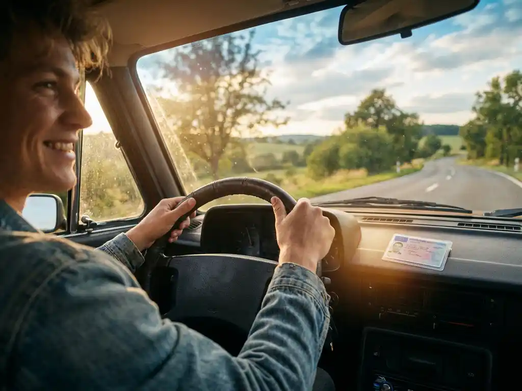 Junger Erwachsener am Steuer mit frischem Führerschein auf dem Armaturenbrett, sonnige Landstraße im Hintergrund.
