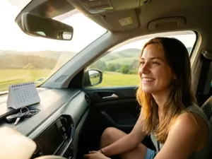 Lächelnde junge Erwachsene am Steuer eines modernen Autos, Kalender und Schlüssel auf dem Armaturenbrett, grüne deutsche Landschaft im Hintergrund.