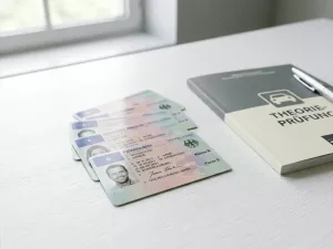 Führerscheinkarten der Klasse B auf weißem Schreibtisch, daneben ein Theorieprüfungsheft, natürliches Seitenlicht.