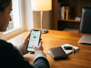 Junger Erwachsener lernt Führerschein-Theorie mit Smartphone-Lernkarten, daneben Führerscheinheft und Autoschlüssel auf Holztisch.