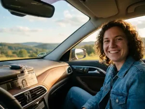 Lächelnde junge Person am Steuer eines modernen Autos mit Autoschlüssel und deutschem Ausweis auf dem Armaturenbrett, Odenwald im Hintergrund.