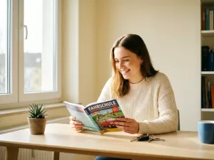 Junge Frau lächelt beim Lernen mit buntem Führerschein-Theoriehandbuch am hellen Schreibtisch, Autoschlüssel daneben.