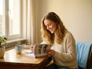 Junge Frau lernt am Holzschreibtisch für die Führerscheintheorie, aufgeschlagenes Fahrlehrbuch, Kaffeetasse, warmes Sonnenlicht.