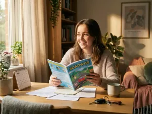 Junge Frau lächelt beim Lernen mit Fahrtheorie-Heft am Holzschreibtisch, Autoschlüssel und Kalender daneben, warmes Sonnenlicht.