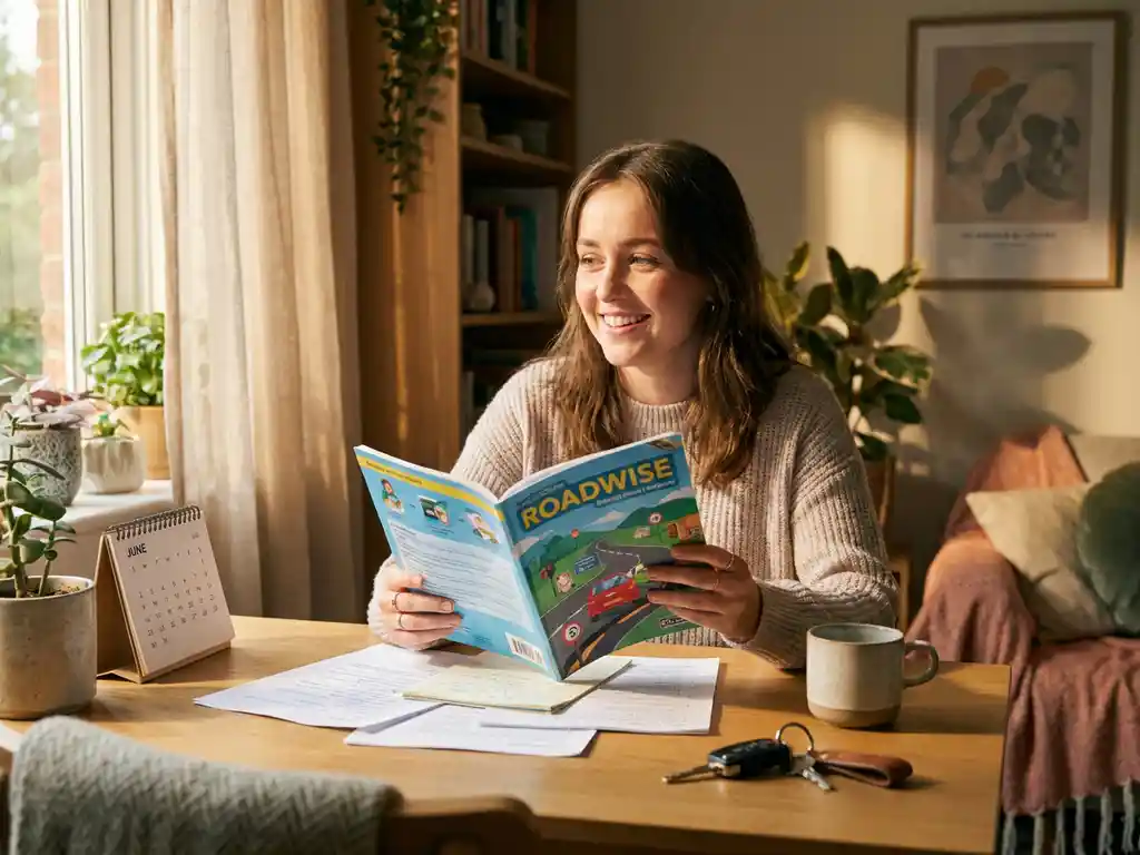 Junge Frau lächelt beim Lernen mit Fahrtheorie-Heft am Holzschreibtisch, Autoschlüssel und Kalender daneben, warmes Sonnenlicht.
