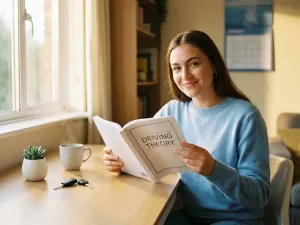 Junge Frau studiert lächelnd ein Fahrtheorie-Lernheft am hellen Schreibtisch, Autoschlüssel und Pflanze daneben.