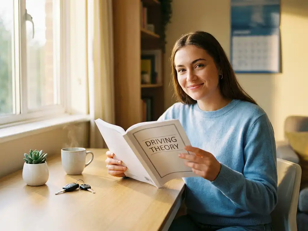 Junge Frau studiert lächelnd ein Fahrtheorie-Lernheft am hellen Schreibtisch, Autoschlüssel und Pflanze daneben.