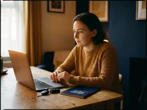 Junger Erwachsener am Holzschreibtisch mit geschlossenem Theoriehandbuch, Autoschlüssel und Laptop beim Lernen für die Führerscheinprüfung.
