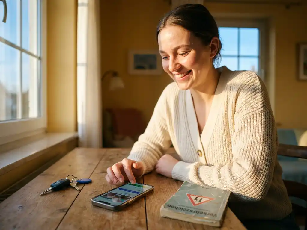 Junge Frau lächelt beim Lernen für die Führerscheintheorie per Smartphone, mit Autoschlüssel und Verkehrszeichen-Heft auf sonnigem Holzschreibtisch.