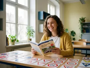Junge Frau lernt lächelnd am Holzschreibtisch mit deutschem Führerschein-Theoriebuch und bunten Verkehrszeichen-Lernkarten im sonnigen Zimmer.