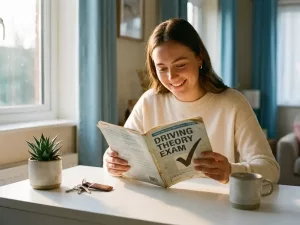Junge Frau lächelt zuversichtlich über ein Fahrtheorie-Prüfungsheft auf weißem Schreibtisch, Autoschlüssel und Pflanze im Hintergrund.