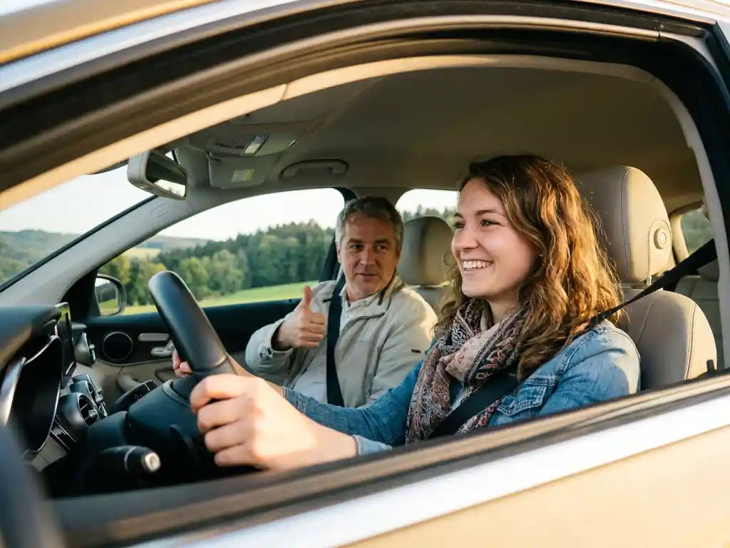 Junge Frau lächelt selbstbewusst am Steuer eines modernen Autos, Fahrlehrer nickt aufmunternd, grüne deutsche Landschaft im Hintergrund.