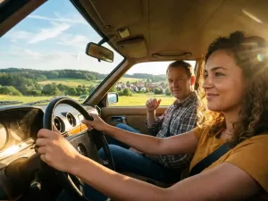 Junge Frau lächelt selbstbewusst am Steuer, Fahrlehrer nickt zustimmend, grüne deutsche Landschaft im Hintergrund.