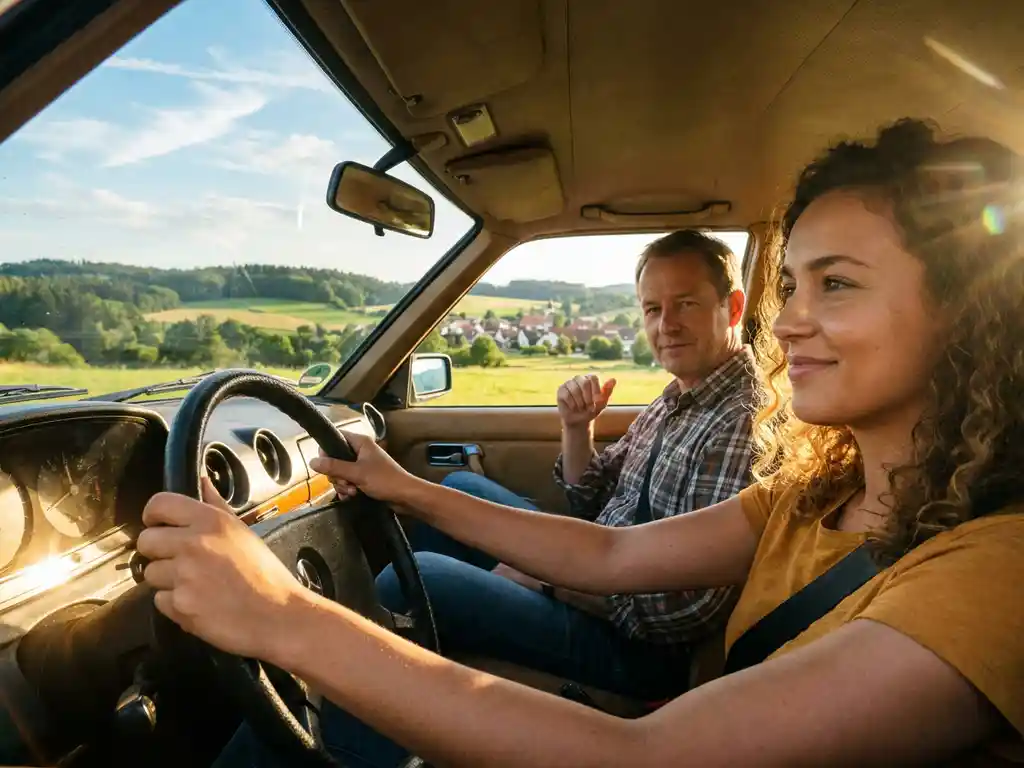 Junge Frau lächelt selbstbewusst am Steuer, Fahrlehrer nickt zustimmend, grüne deutsche Landschaft im Hintergrund.