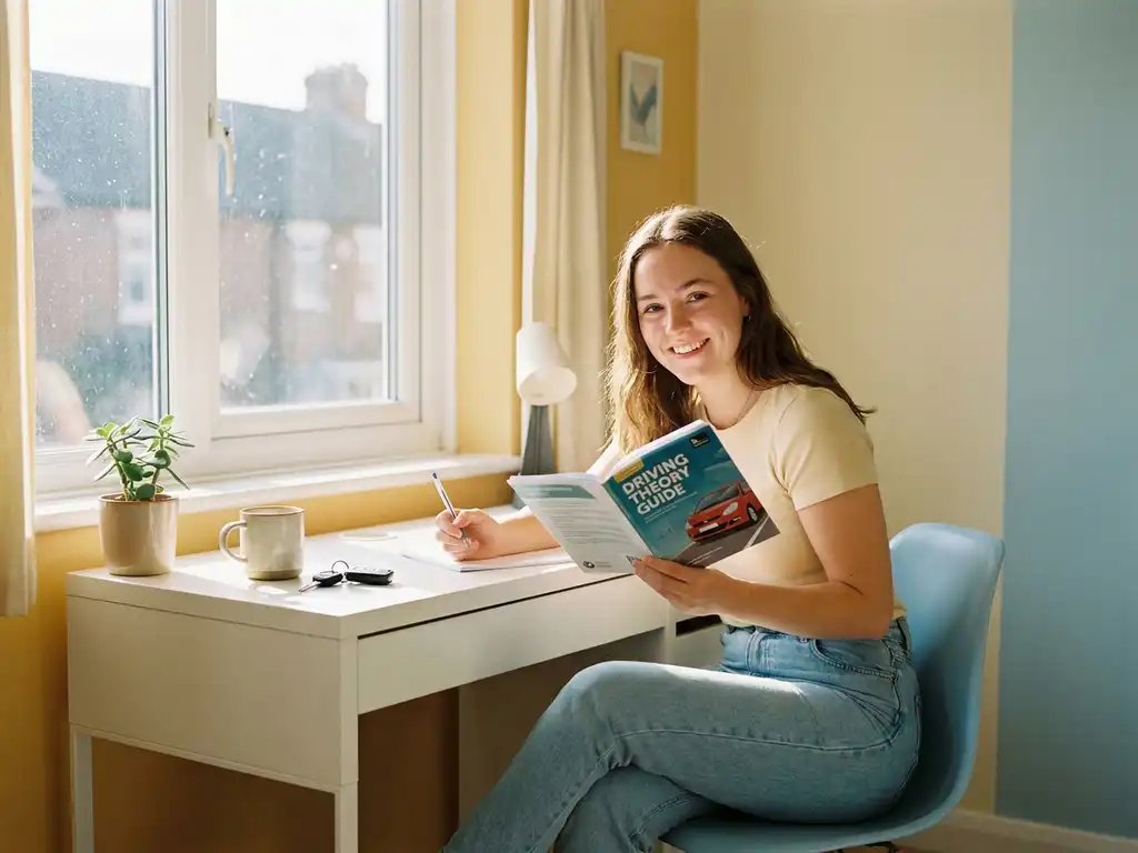 Junge Frau lächelt beim Lernen für die Fahrtheorie, Autoschlüssel auf hellem Schreibtisch, warmes Sonnenlicht.