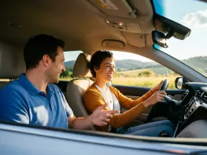 Lächelnde junge Fahrschülerin am Steuer eines modernen Autos mit Fahrlehrer auf dem Beifahrersitz an einem sonnigen Tag.