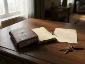 Aufgeschlagener Lederkalender auf Holzschreibtisch neben amtlichem Stempeldokument und Autoschlüsseln im warmen Fensterlicht.