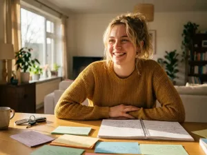 Junge Frau lernt lächelnd am Holzschreibtisch mit bunten Lernkarten, Notizbuch und Autoschlüssel in warmem Sonnenlicht.