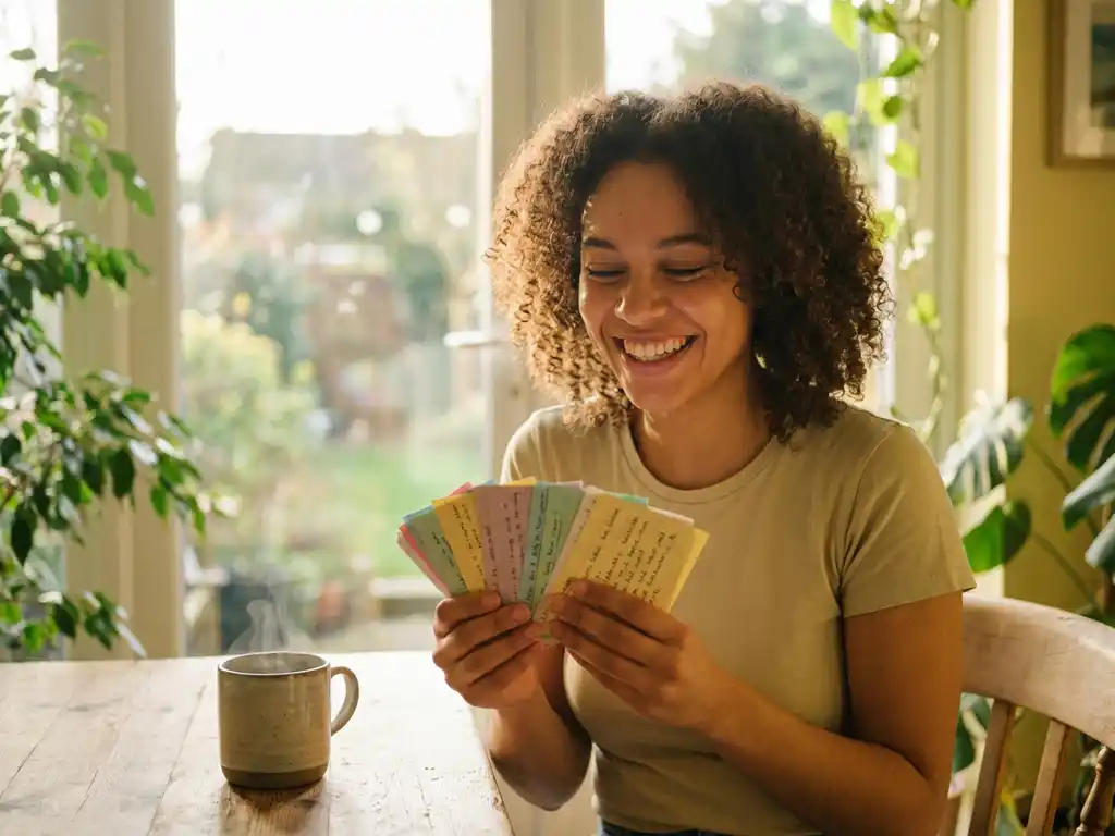 Junger Erwachsener lächelt beim Lernen mit bunten Karteikarten am Holztisch, Kaffeetasse und Morgensonne im Hintergrund.