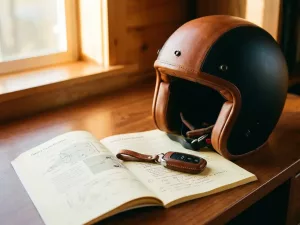 Motorradhelm und Auto-Schlüssel auf einem Holztisch neben einem Theorieheft, warmes Seitenlicht, flache Schärfentiefe.