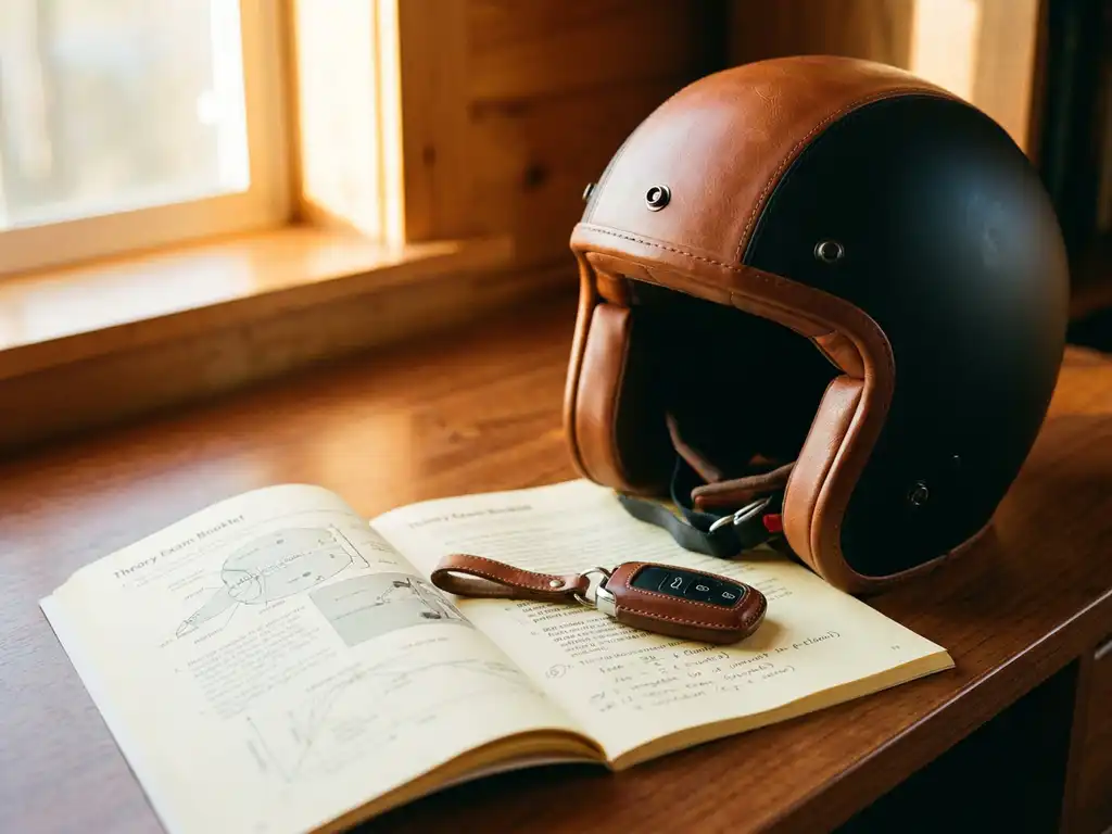 Motorradhelm und Auto-Schlüssel auf einem Holztisch neben einem Theorieheft, warmes Seitenlicht, flache Schärfentiefe.