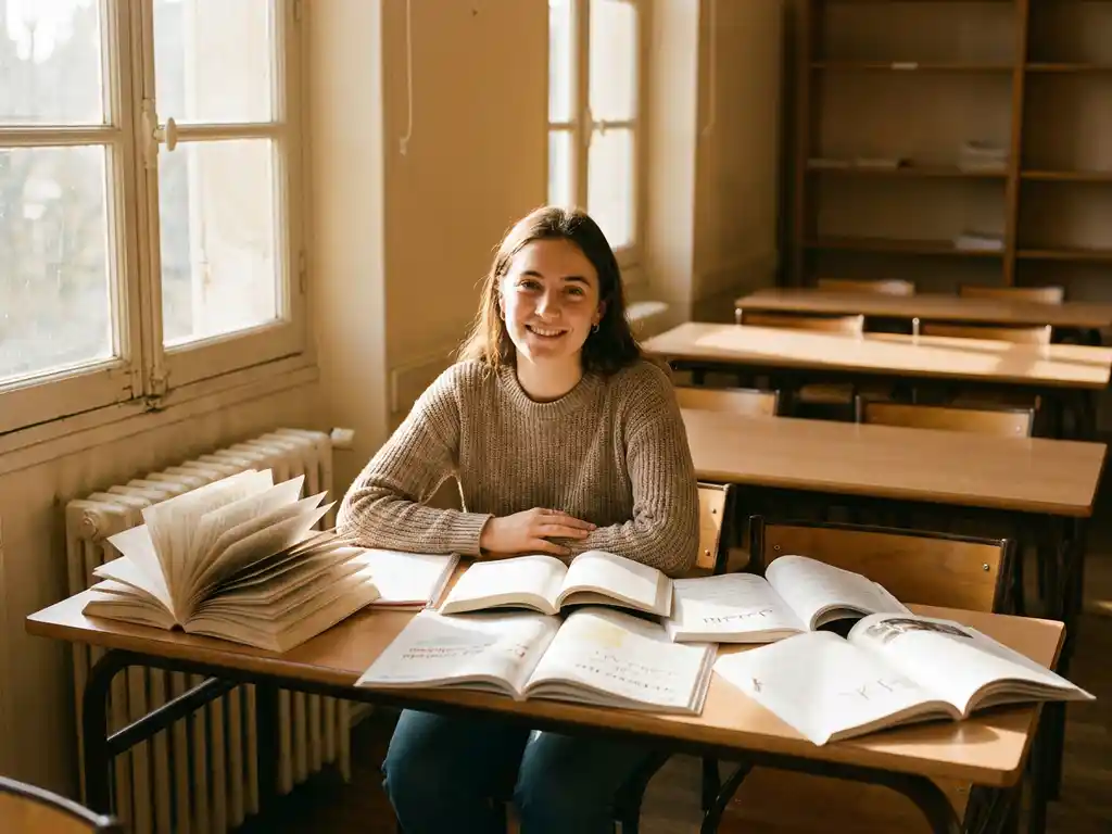 Lächelnde junge Frau an einem Prüfungstisch mit mehrsprachigen Lernmaterialien in einem sonnendurchfluteten Klassenzimmer.