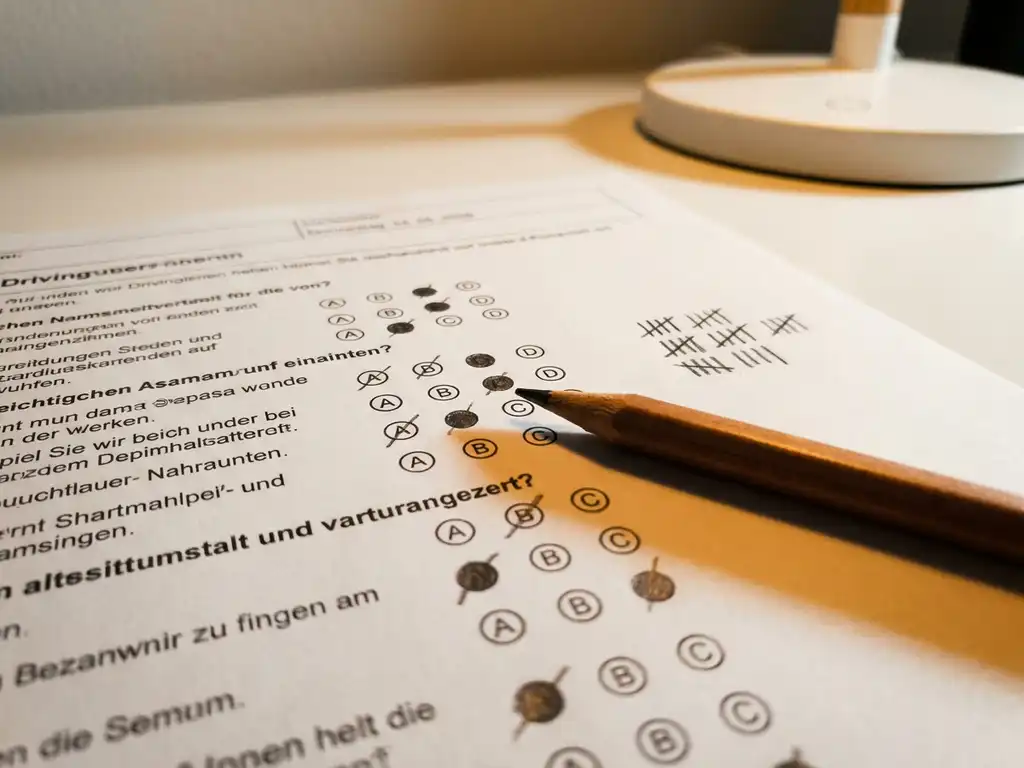 Ausgefüllter deutscher Führerschein-Theorieprüfungsbogen mit Bleistift auf weißem Schreibtisch im warmen Lampenlicht.