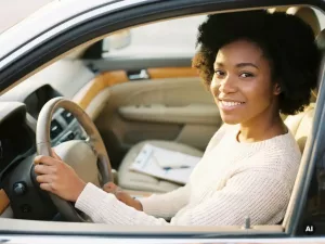 Junge Frau lächelt entspannt am Steuer eines modernen Autos, Fahrprüfer-Klemmbrett im Hintergrund, goldenes Morgenlicht.