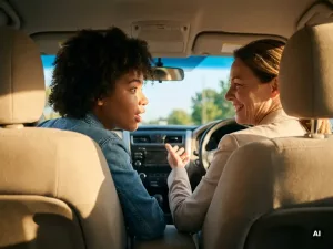 Junger Fahrschüler im Gespräch mit einem freundlichen Fahrprüfer im modernen Auto, warmes Sonnenlicht durch die Windschutzscheibe.