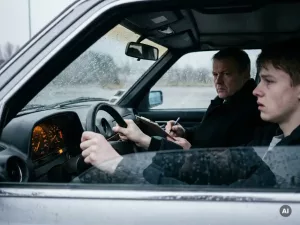 Junger Fahrer umklammert Lenkrad während Fahrprüfung, strenger Prüfer mit Klemmbrett sitzt daneben, gedämpfte Lichtstimmung.