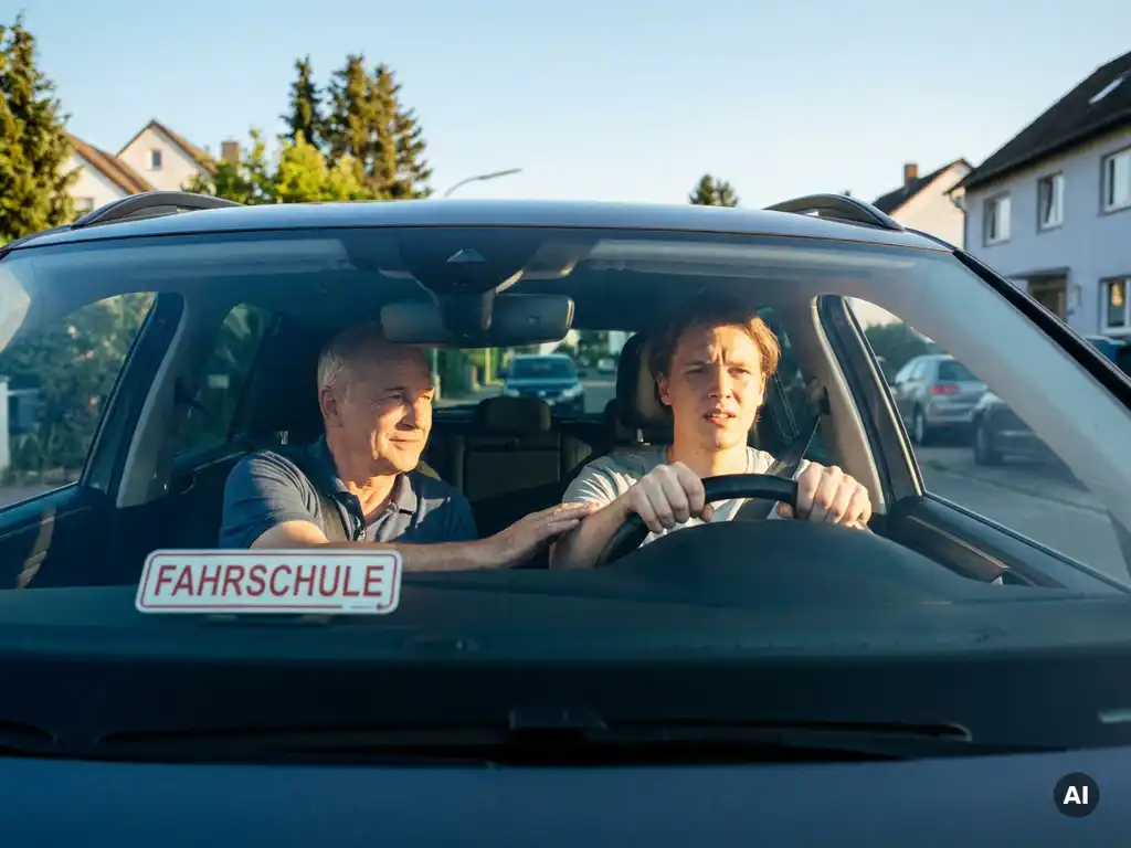 Junger Erwachsener greift nervös das Steuer eines Fahrschulwagens in einer sonnigen deutschen Vorstadt, ruhiger Fahrlehrer daneben.