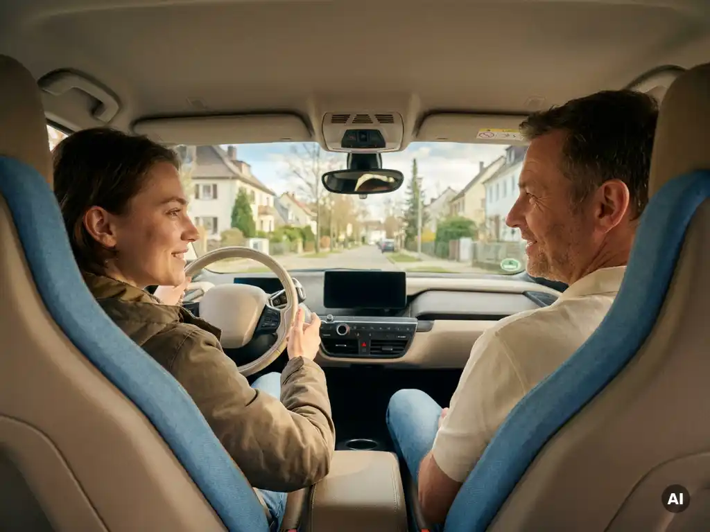 Junger Erwachsener im Beifahrersitz eines modernen Autos neben einem freundlichen Fahrlehrer, sonnendurchflutetes Fahrzeuginnere.