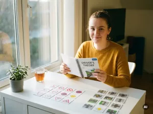 Junge Frau lernt für die Theorieprüfung mit Verkehrszeichen-Karten und Fahrschul-Lehrbuch am hellen Schreibtisch.